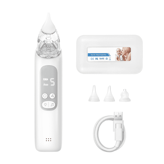 Rechargeable Electric Baby Nasal Cleaner, Portable Infant Mucus Remover with Large Capacity Suction Cup, Adjustable Suction Power, Built-in Lullaby & Gentle Light Calming Feature for Newborn & Toddle
