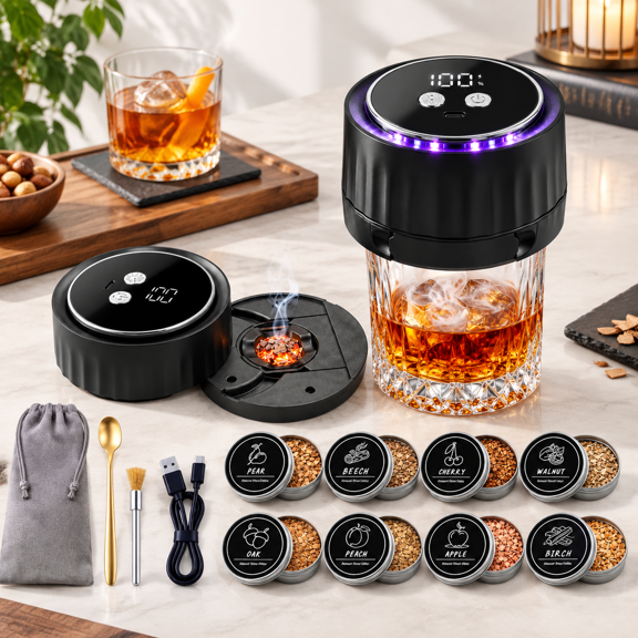 Rechargeable Electric Cocktail Kit with Wood Chips and Storage Bag, Black