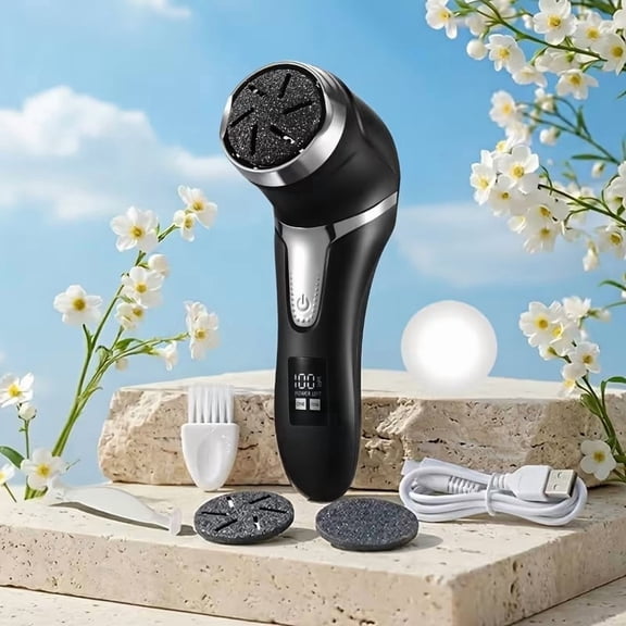 Rechargeable Electric Foot Care Remover with Vacuum - LCD Display, 2 Speed Settings, Multiple Heads for Dead Skin Removal
