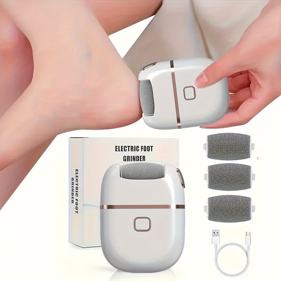 Rechargeable Electric Foot Grinder with Three Interchangeable Heads for Cracked and Dry Skin Care, Two Speed Settings, USB Charging, Portable Design