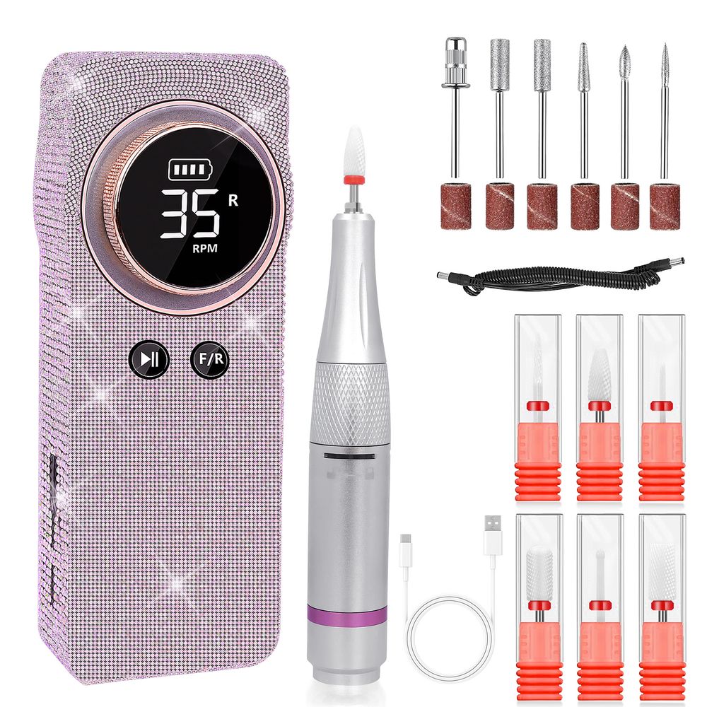 Rechargeable Electric Nail Drill 35000RPM Portable Wireless Nail Grinder Pedicure Manicure Set Silver