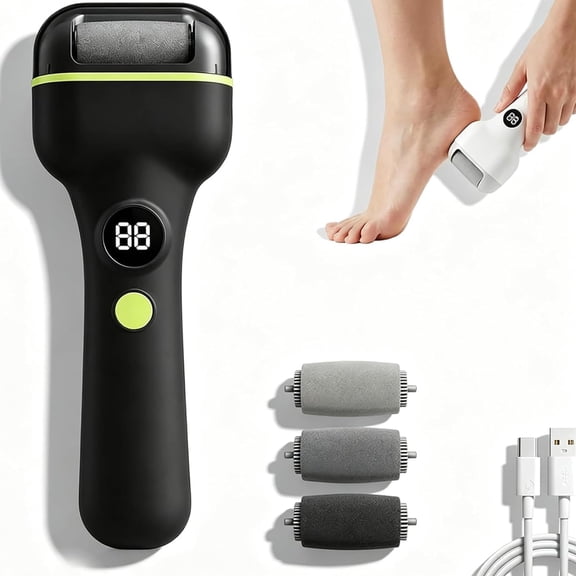Rechargeable Electric Pedicure Tool with Smart Pressure Sensor, Washable Foot File, Cordless Foot Callus Remover with 3 Roller Heads and 2 Speeds