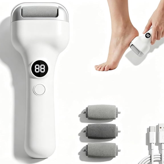 Rechargeable Electric Pedicure Tool with Smart Pressure Sensor, Washable Foot File, Cordless Foot Callus Remover with 3 Roller Heads and 2 Speeds