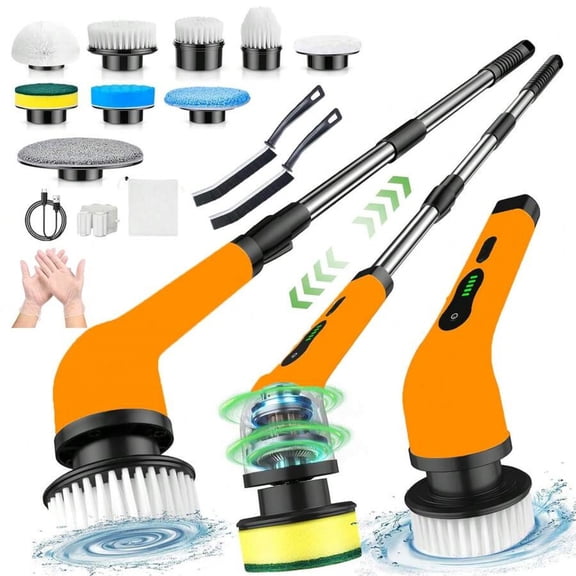 Rechargeable Electric Rotary Scrubber - 9 Brush Heads, 2-Speed Adjustable Extended Handle, IPX7 Waterproof, White Easter Gift for Tubs Tile Floors Cars