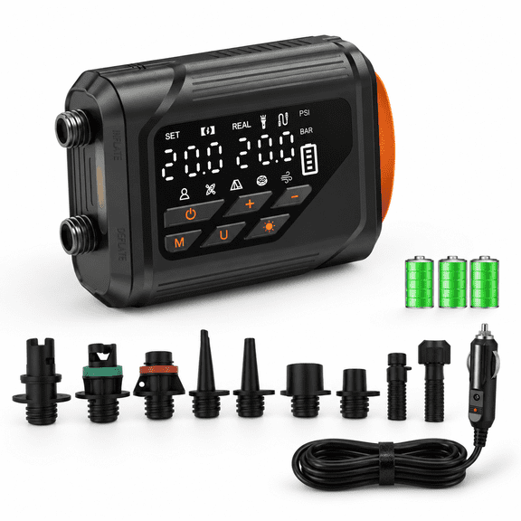 Rechargeable Electric SUP Air Pump with 12V Car Power, Auto Shutoff, 7 Nozzles, 20 PSI
