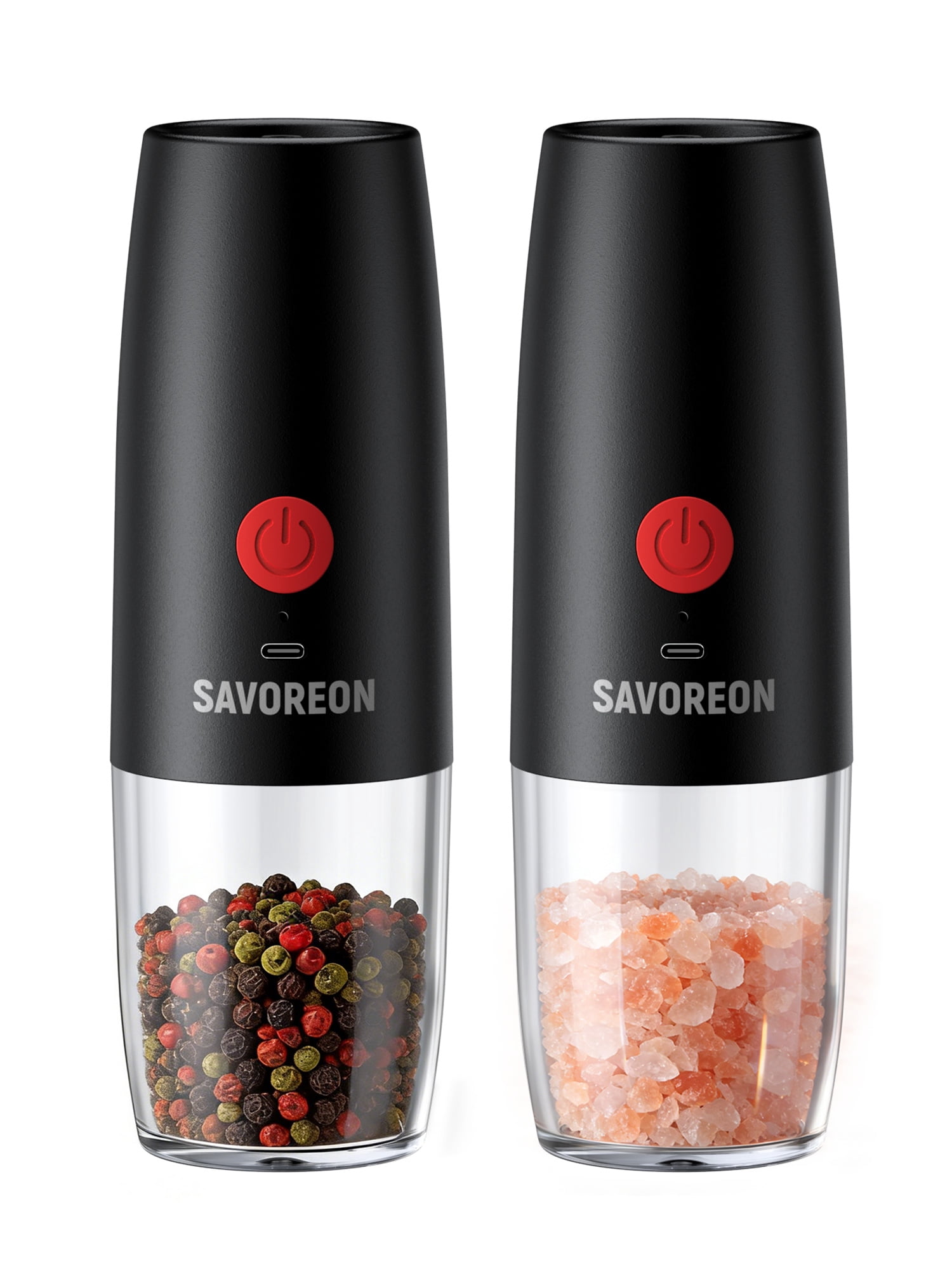 Rechargeable Electric Salt and Pepper Grinder Set, Automatic Pepper Mills with 150ml Container, External Adjustable Coarseness, White Led Light and One-Handed Operation, Black