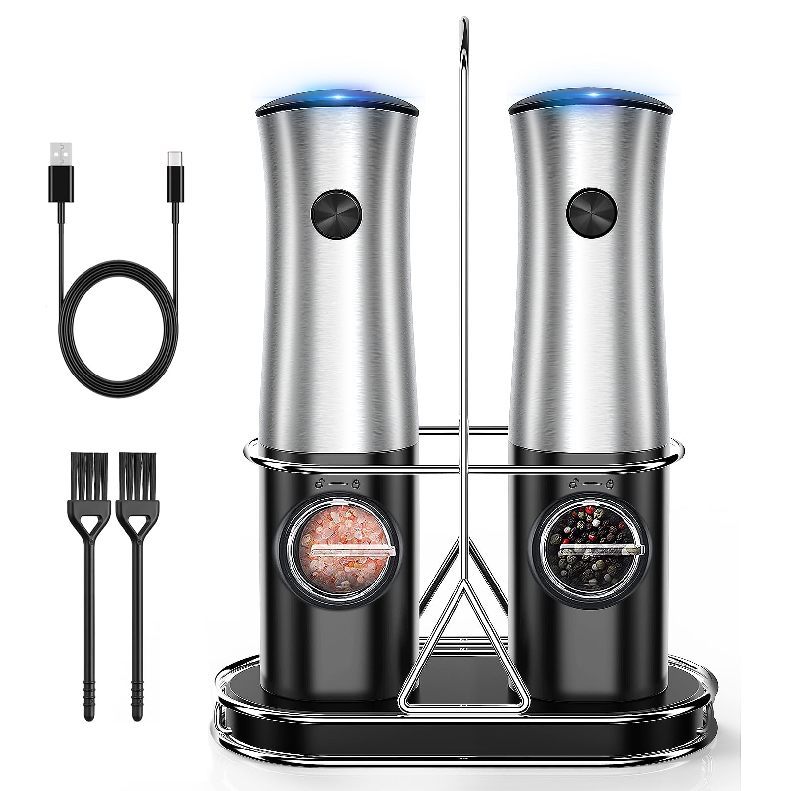 Electric Salt and Pepper Grinder Set, OGEDNAC Automatic Electronic Spice  Mill Shakers with USB Rechargeable, LED Light, Adjustable Coarseness, One  Hand Operated, Stainless Steel 