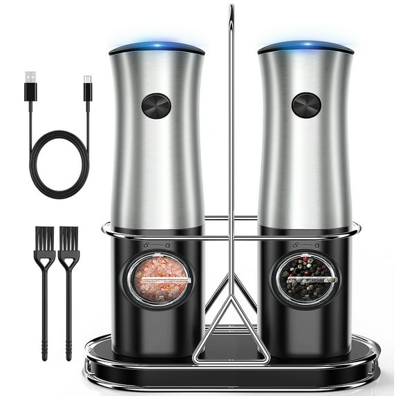 Rechargeable Electric Salt and Pepper Grinder Set with Rechargeable Base, USB Cables, Stainless Steel Stand, 2 Adjustable Coarseness Grinder, One Hand Operation, LED Light, Silver