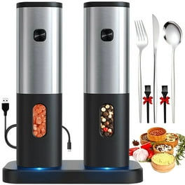 OPUX Battery Operated Salt and Pepper Grinder Set, Electric Pepper Mill,  Automatic Salt Grinder with LED Light, Bottom Cover, Brushed Stainless  Steel Shakers,…