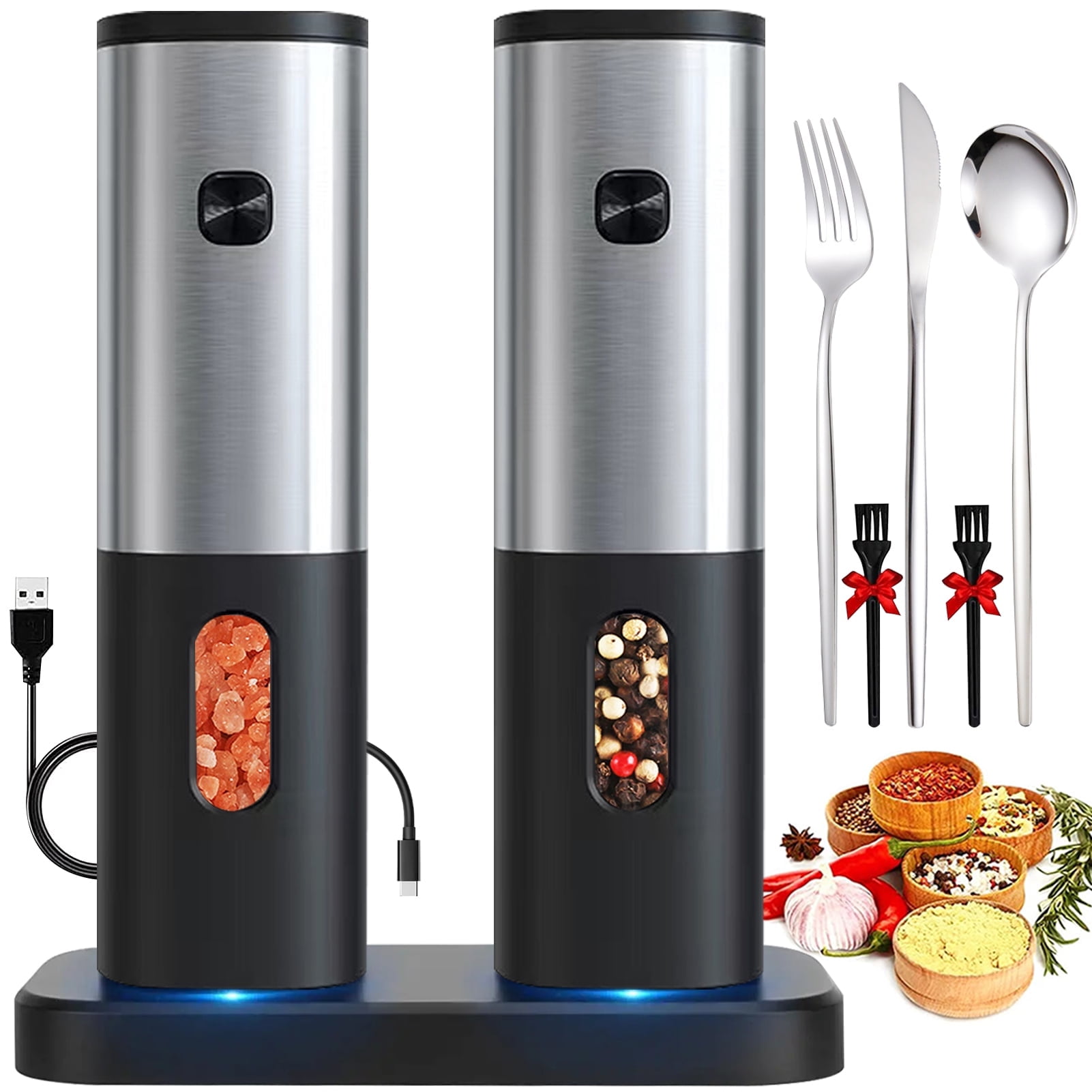 Rechargeable Electric Salt and Pepper Grinder Sets with Charging Base, DERGUAM Stainless Steel Pepper Grinder with Rechargeable Batteries, Salt Grinder with Adjustable Coarseness and LED Blue Light