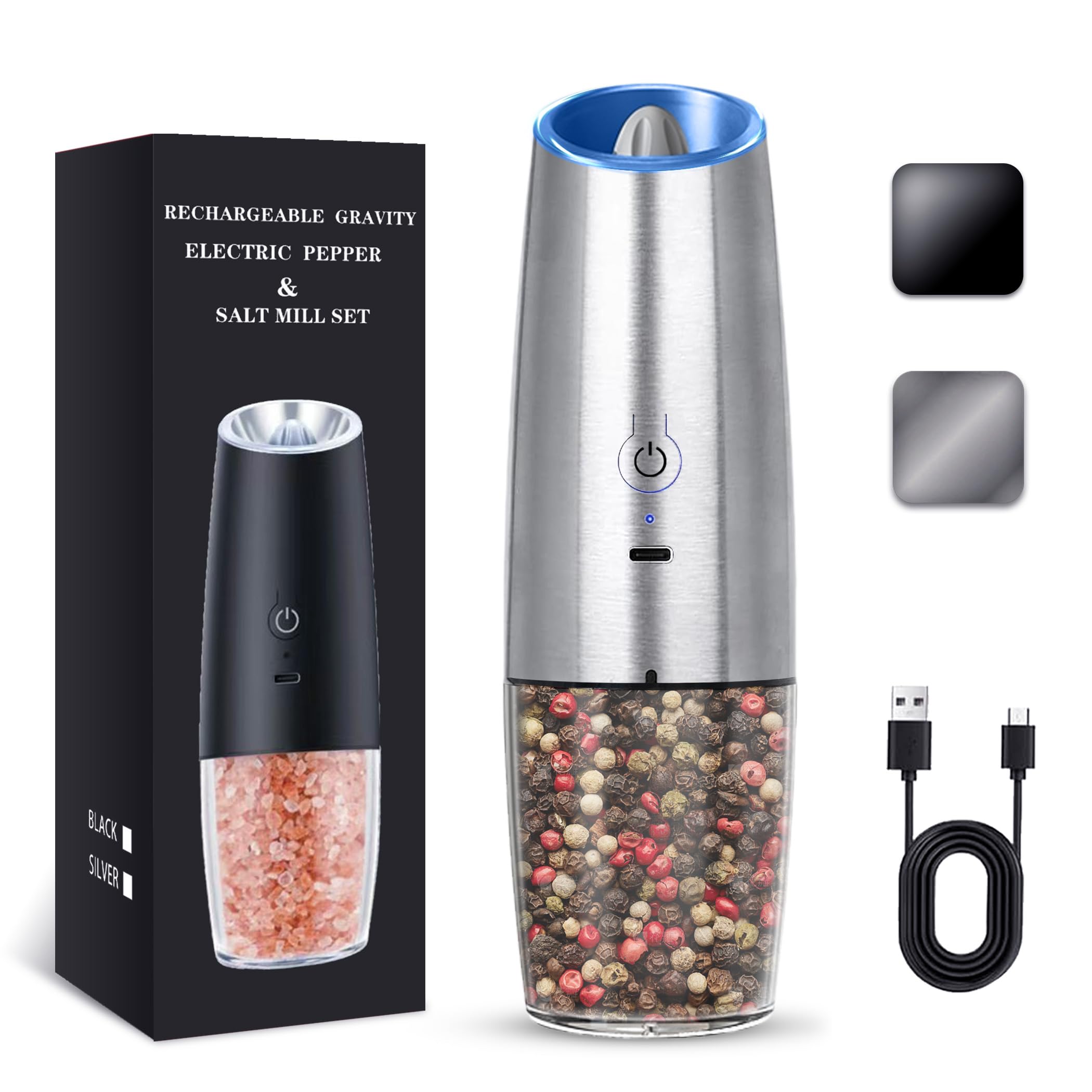 Rechargeable Electric Salt and Pepper Grinder set of 2, gravity ...