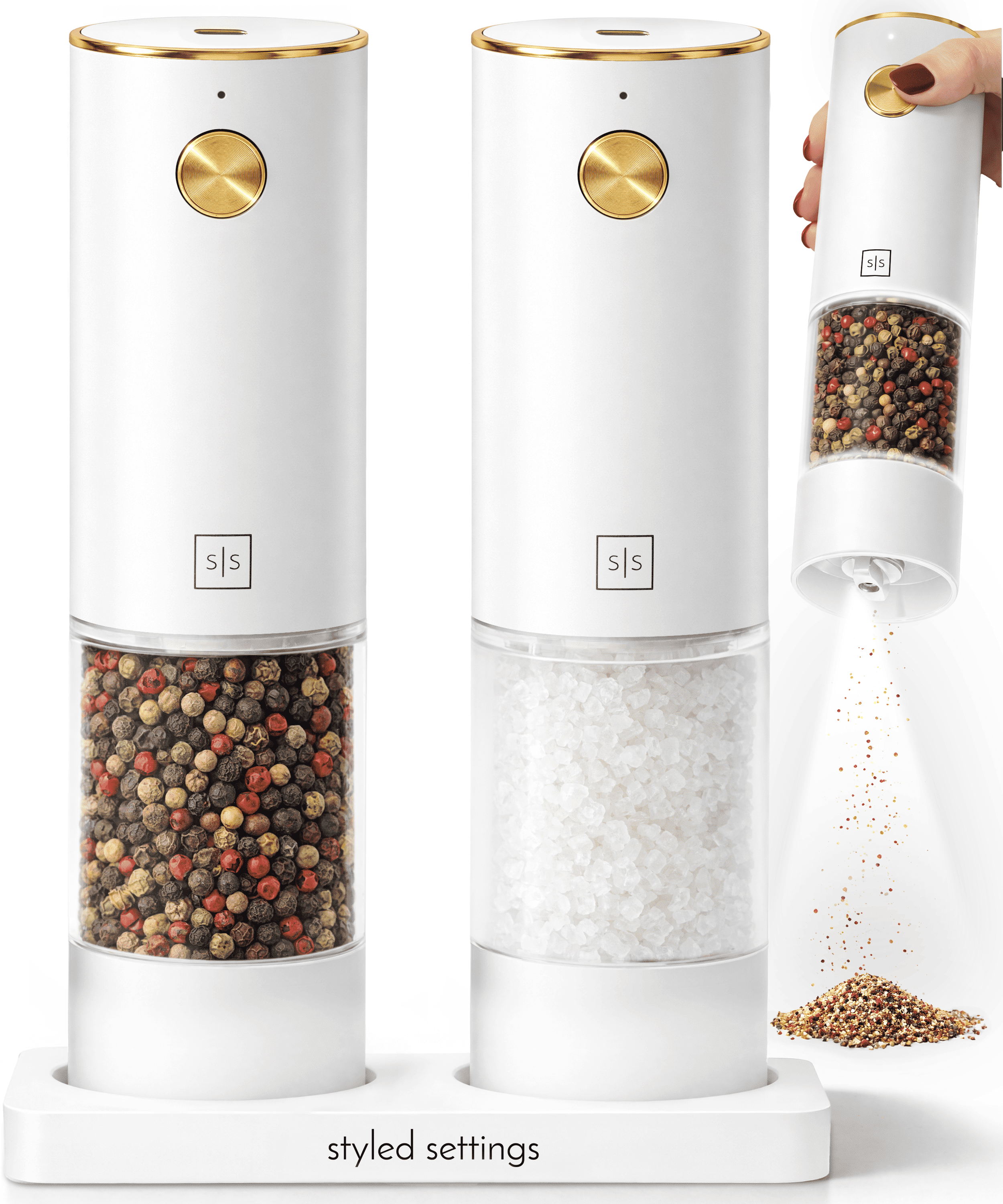 Rechargeable Electric Salt and Pepper Grinder Set – White Stainless Steel, USB-C Charging, Adjustable Coarseness, LED Light
