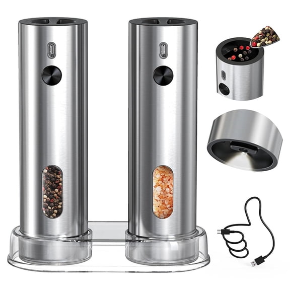 Rechargeable Electric Salt and Pepper Grinder Set with Base,Automatic Stainless Steel Pepper Mill Grinders110ml Containe