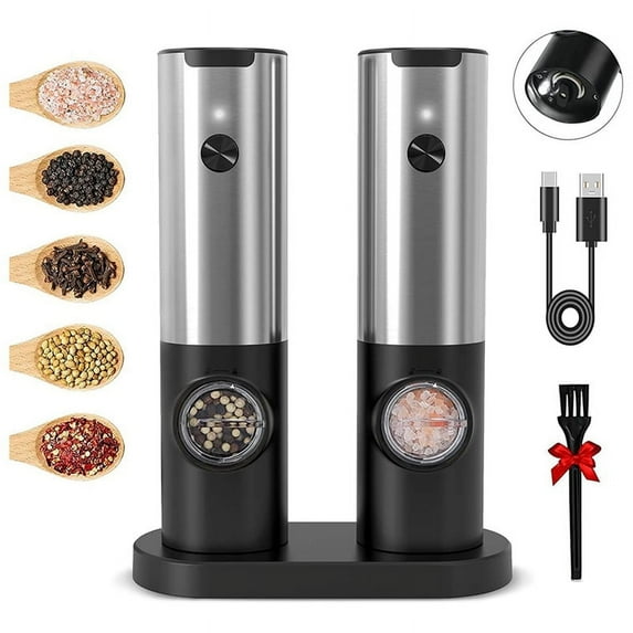 Rechargeable Electric Salt and Pepper Grinder Set with Double Charging Base, USB Cable, Automatic