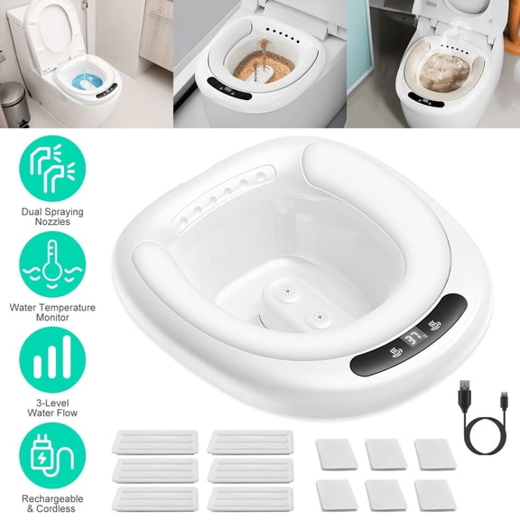 Rechargeable Electric Sitz Bath with Dual Nozzles, 3 Flow Levels, LED Temp Display