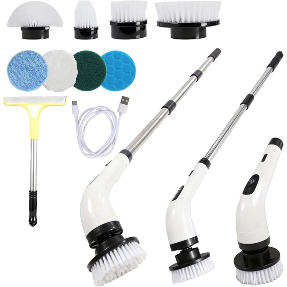 Rechargeable Electric Spin Scrubber, Waterproof Power Cleaner with 7 Brush Heads,1 Window Squeegee,2 Speeds Adjustable Long Handle for Bathroom, Floor, Shower, Tile & Kitchen Cleaning (White)