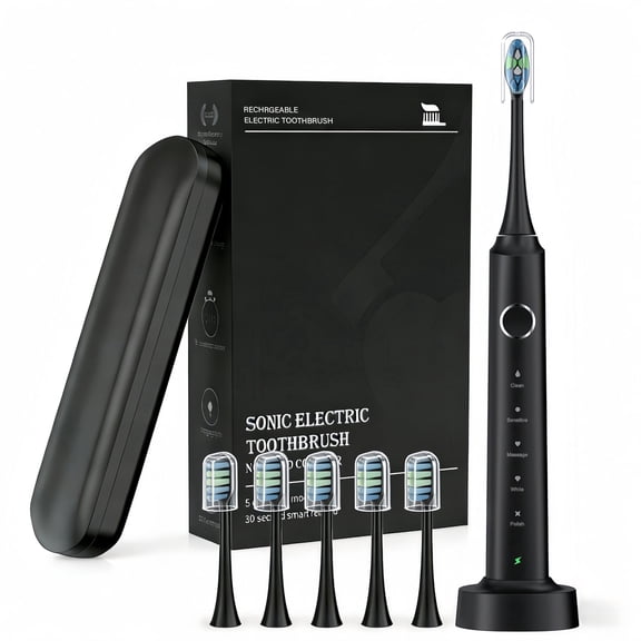 Electric Toothbrush Set - 42,000 Vibrations per Minute, Rechargeable, 5 Modes, 6 Brush Heads, Travel Case Included, Black