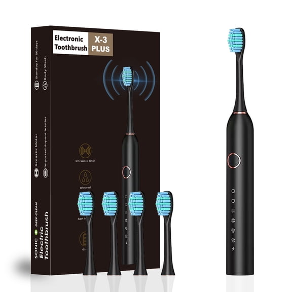 Rechargeable Electric Toothbrush with 4 Soft Bristle Heads, 6 Cleaning Modes, IPX7 Waterproof, 45-Day Battery Life, Travel Friendly (Black)