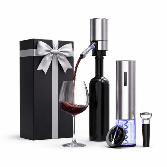 Electric 4-in-1 Wine Opener Set with Rechargeable Wine Opener, Foil Cutter , Automatic Wine Pourer and Aerator Vacuum Stoppers Gift Set