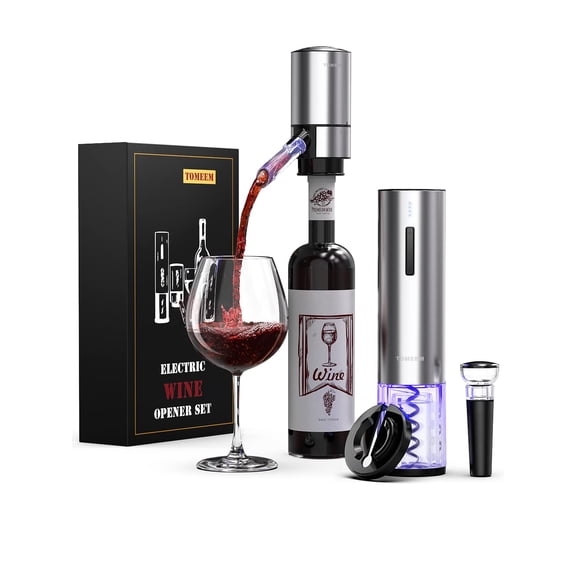 Rechargeable Electric Wine Gift Set - Aerator, Vacuum Stoppers, Foil Cutter and Bottle Opener for Home Bar and Outdoor Parties
