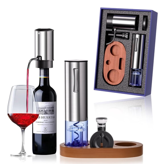 Rechargeable Electric Wine Opener 5-In-1 Set, Stainless Steel Automatic Wine Opener with Electric Wine Aerator, Foil Cutter, Wine Stopper & Base, Elegant Gift Box for Birthday, Housewarming, Christma