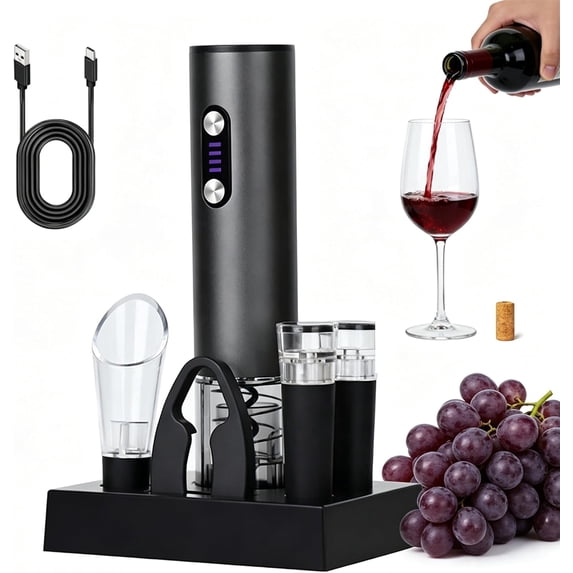 Rechargeable Electric Wine Opener 7-in-1 Gift Set, Automatic Bottle with Charging Base, Foil Cutter, Aerator Pourer & 2 Vacuum Stoppers for Lovers