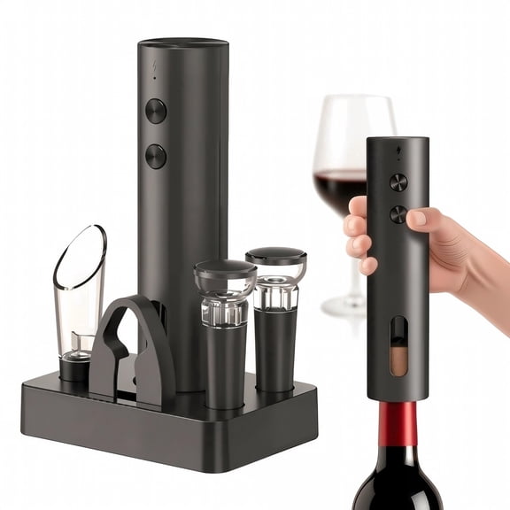 Rechargeable Electric Wine Opener Set, 5-in-1 Cordless Automatic Bottle Opener with Foil Cutter, Aerator Pourer, 2 Vacuum Stoppers and Base