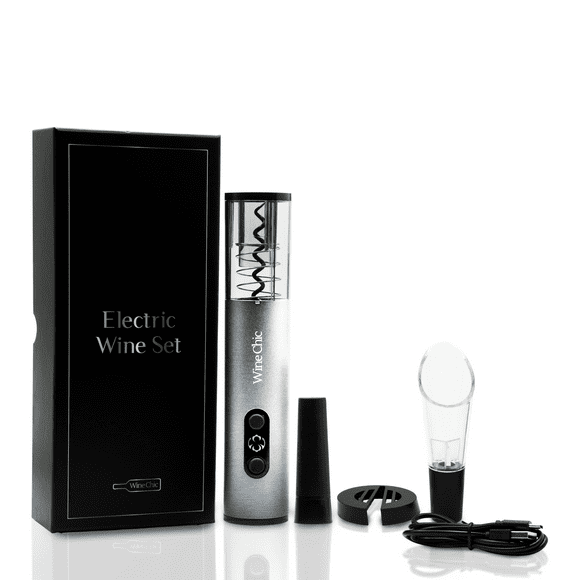 Rechargeable Electric Wine Opener Set by The Wine Chic Also Includes Stopper, Pourer, Foil Cutter (USB-C), Electronic Corkscrew