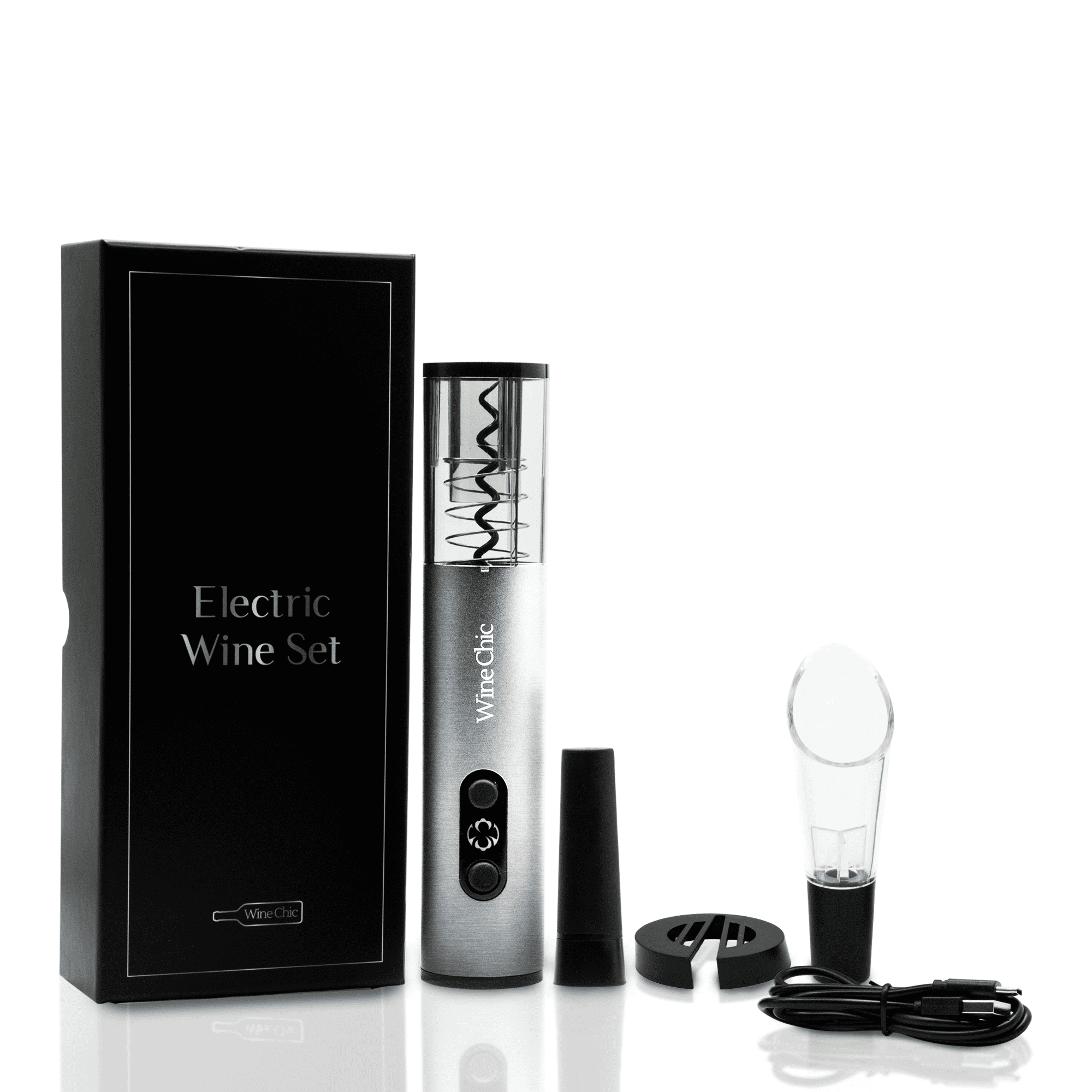Rechargeable Electric Wine Opener Set by The Wine Chic Also Includes Stopper, Pourer, Foil Cutter (USB-C), Electronic Corkscrew