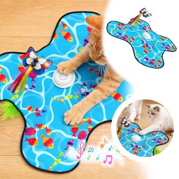 Rechargeable Electronic Cat Toy Mat, Interactive Hunting Game with Hidden Teaser Wand & 3 Speed Settings, Sound Effects, Non-Slip & Scratch-Resistant, Blue