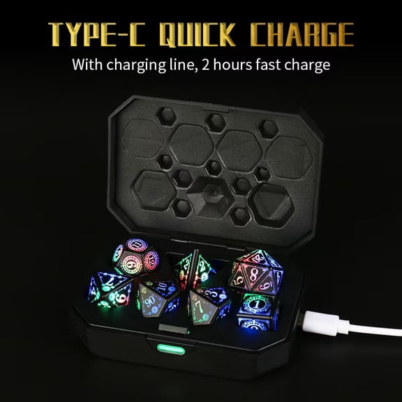 Rechargeable Electronic DND Dice Set, LED Luminous, Vibration Activated, Type-C Quick Charge, 7-Piece Set