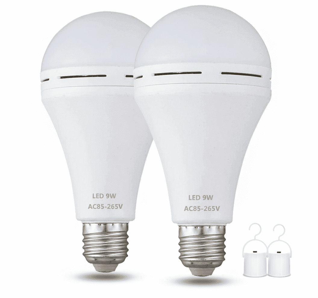 Rechargeable Emergency LED Light Bulb, 9W 800Lm 6000K Daylight, Stay Lit During Power Failure, E26 Base with Hook for Camping Hurricane, 2 Pack