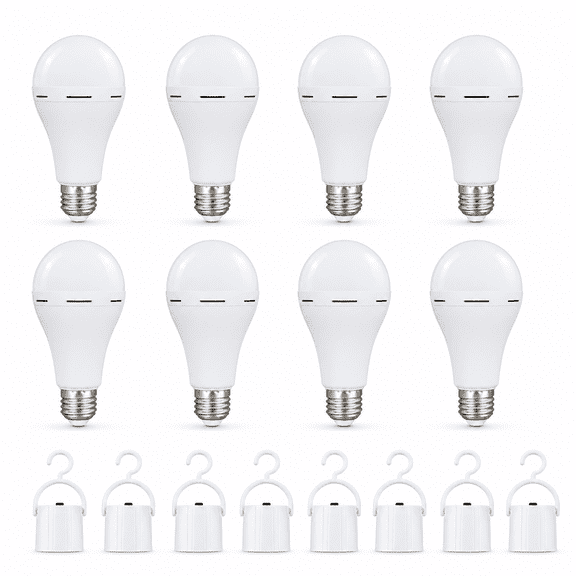 Rechargeable Emergency Light Bulb, 9W LED Power Outage Bulb with Hanging Hook, Battery Backup E26/E27, 6000K, 1/2/8/10 Pack