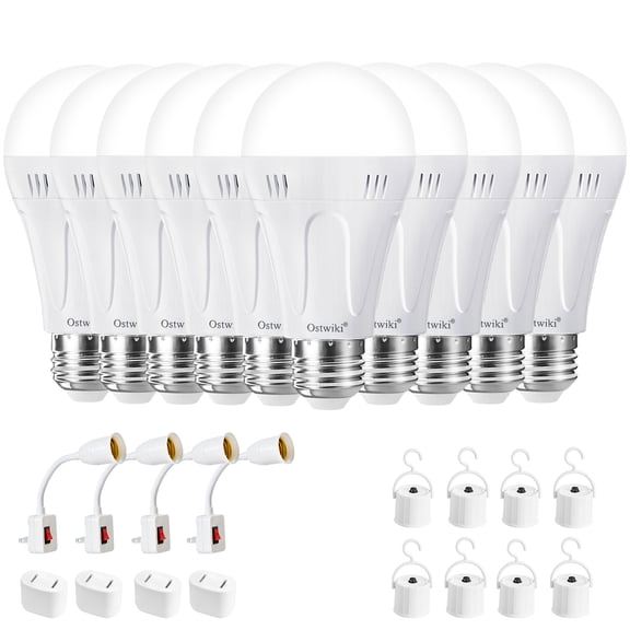 Rechargeable Emergency Light Bulbs,10 Pack Battery Powered Light Bulb A19 E26 1200mAh 9W 6500K Daylight,Battery Backup Light Bulbs for Power Outage Hurricane Blizzard Outdoor Activities