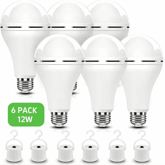 Rechargeable Emergency Light Bulbs, 6 Pack Battery Powered LED Light Bulb 6500K Daylight E26 120 Volt 12W 70W Equivalent with 1200mAh for Home Power Outage Camping Hurricane Supplies