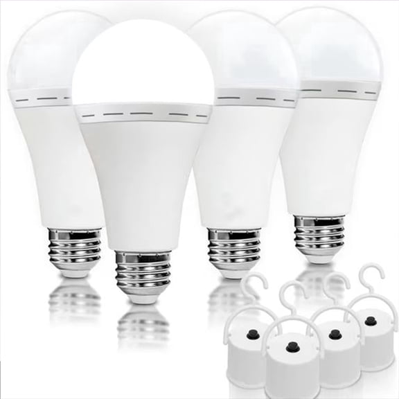 Rechargeable Emergency Light Bulbs Battery Operated for Power Outage, LED Backup Bulb with Hook for Home Camping Hurricane, 12W 60W Equivalent 1200mAh - E26, 4-5 Hrs, 4 Pack