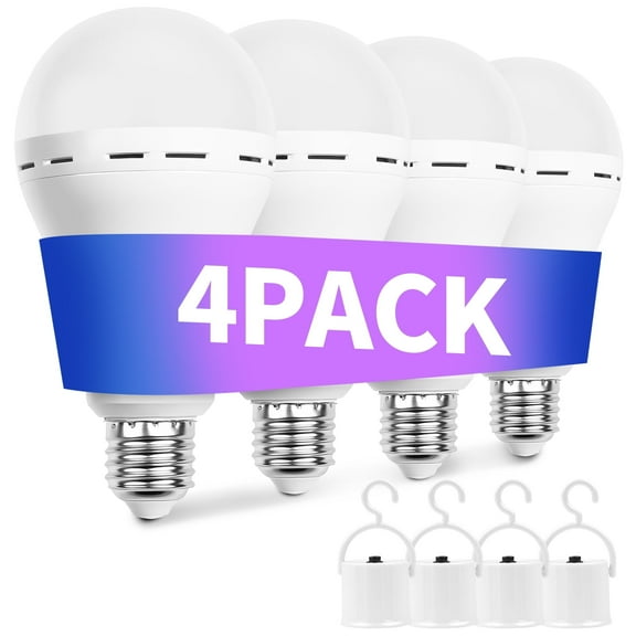 Rechargeable Emergency Light Bulbs, Battery Powered LED Light Bulb 6500K Daylight E26 12W 70W Equivalent with 1200mAh for Home Power Outage Camping Hurricane, 4 Pack