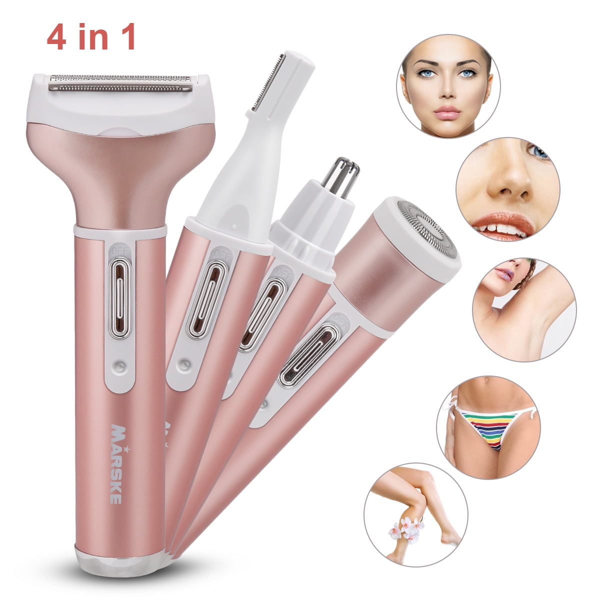 Rechargeable Eyebrow Trimmer & Facial Hair Remover for Women, 4 IN 1 Eyebrow Razor and Painless Hair Remover, Eyebrow Lips Nose Body Facial Hair Removal for Women (Rose Gold)