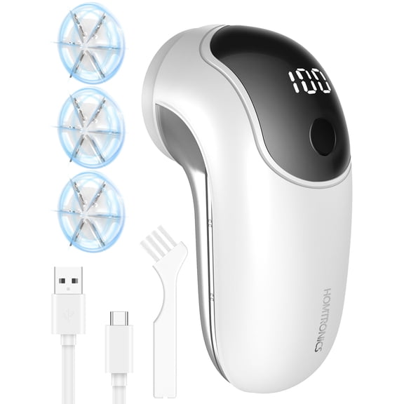 Homtronics Electric Fabric Shaver Lint Remover, 6-Leaf Blade Lint Shaver with 3-Speed, LED Display, 1200mAh USB-C Rechargeable for Clothing(White)