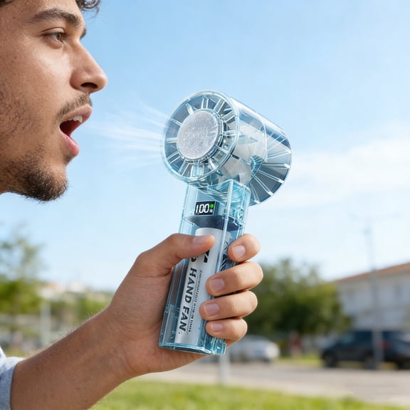 Rechargeable Fan Handheld Fan Transparent Cylinder Design Digital Battery Display Silver Turbine Blades Compact Portable Personal Use Outdoor Travel Commute
