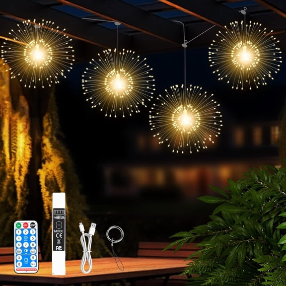 Rechargeable Firework Lights, 480 LED Hanging Starburst String Lights with Remote, 8 Modes for Patio Party Birthday Christmas Indoor Bedroom Decoration