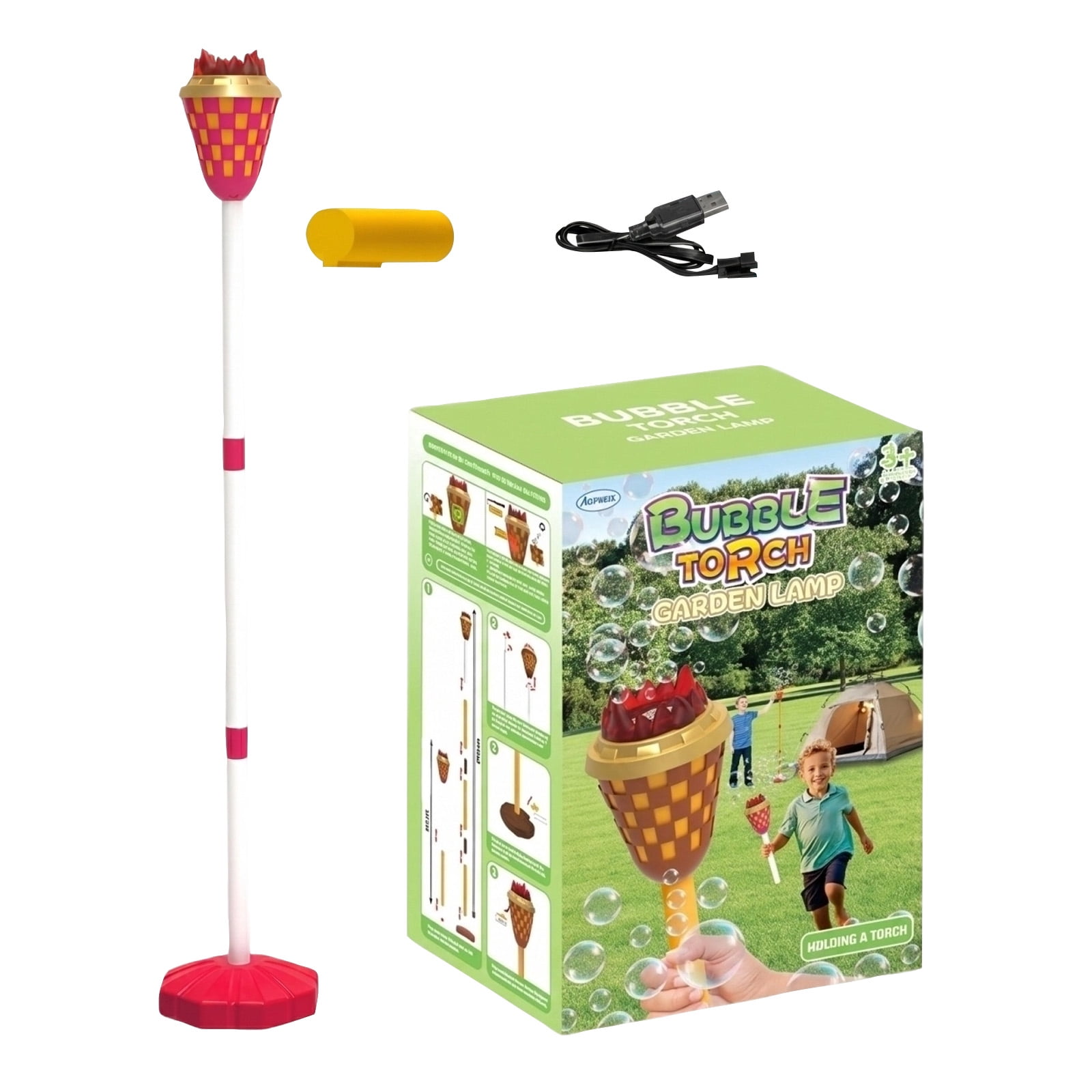 Rechargeable Flame Torch Bubble Blowing Machine with Lights, Automatic Bubble Maker with Lithium Battery and USB Charging ABS Design for Outdoor Party Decoration (Red)