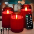 thumbnail image 1 of Rechargeable Flameless Candle, Flashing LED Pillar Real Wax Candle with Remote Control and Timer, Red Glass Electronic Candles for Room Decoration, 1 Set of 3, 1 of 14