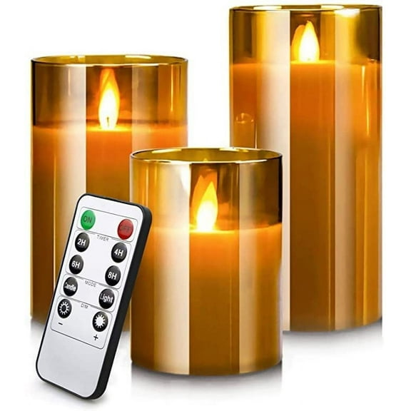 Rechargeable Flameless Candle, Realistic Flickering Flameless Candles LED Pillar Real Wax Candle with Remote Control and Timer, Upgraded Teardrop Wick, Clear Glass Electronic Candles, Set of 3
