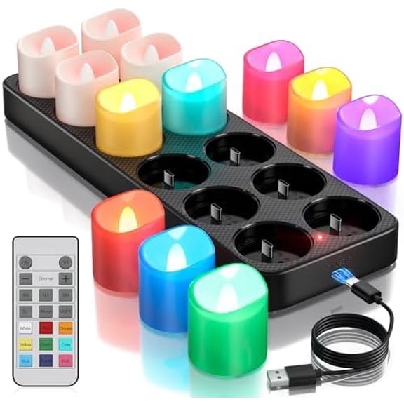 Rechargeable Flameless Colored Tea Lights Candles with Remote Charging Station, 12pcs Battery Operated LED Electric Color Changing Tealight Candles with Timer for Halloween Christmas Party Decor$$
