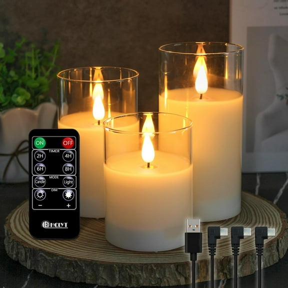 Rechargeable Flameless Glass Pillar Candles–Gifts for Women–Set of 3, Realistic Flickering LED Light,Remote & Timer, USB-Rechargeable, Ideal for Living Room, Bedroom & Holiday Décor