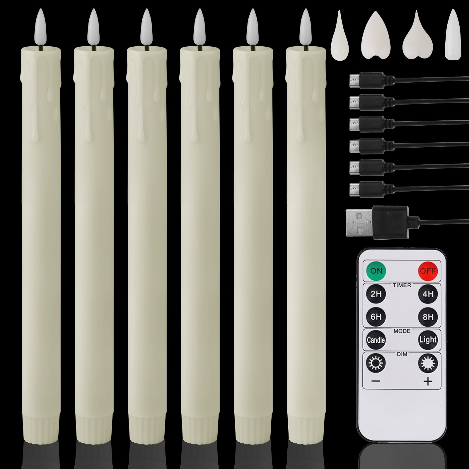 Rechargeable Flameless Taper Candles, 6 Pcs Real Wax LED Taper Candles Flickering with Remote&Timer, 4 Replaceable 3D Flame candle Heads for Home Wedding Christmas Decor (Ivory)