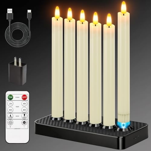 Rechargeable Flameless Taper Candles with Charging Base, LED Candles Battery Operated with Remote Timer, Flameless Candlesticks for Wedding Party Halloween Christmas Decorations(6 Pack Ivory)