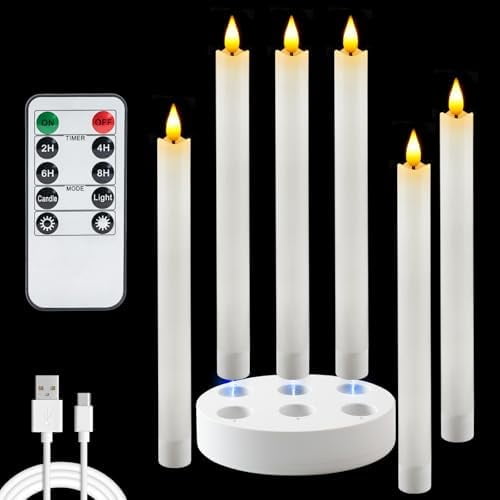 Rechargeable Flameless Taper Candles, Real Waxy LED Candlesticks Flickering, Battery Operated Candles with Remote Timer, 9.6 Inches for Home Wedding Christmas Decor, 6 Pcs, White