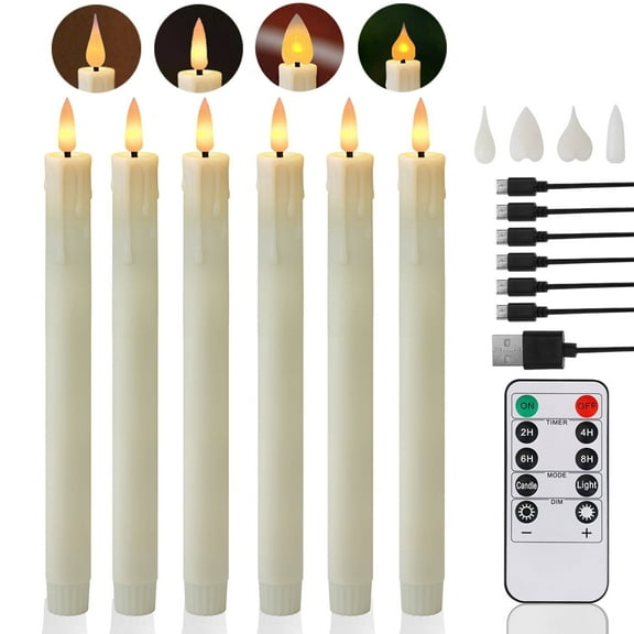 Rechargeable Flameless Taper Candles with Replace Lamp Head, 6 Pcs Real Wax LED Taper Candles Flickering with Remote&Timer, 3D Flame Battery Candlesticks for Home Wedding Christmas Decor (Ivory)